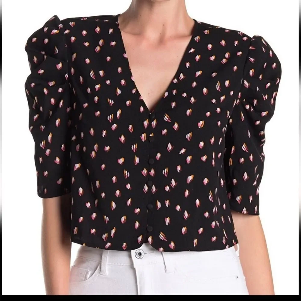 Free Press NWT Puff Sleeve Floral Crop Top XXL Black Pink - Picture 1 of 9